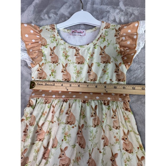 Bunny Print Dress Peach Polka Dot Ruffle Sleeve Easter Spring Kids 4T - Picture 2 of 10